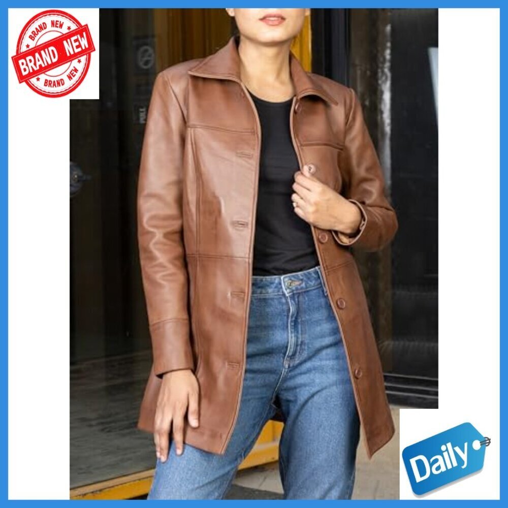 Genuine Leather Peacoat Blazer Jacket Women's 3/4 Length Classic Fit - Picture 3 of 7